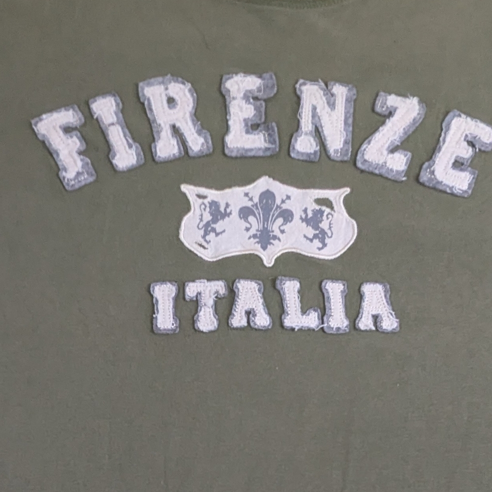 Firenze Italia Green Kakhi Color Shirt With Raised Lettering on Front Medium